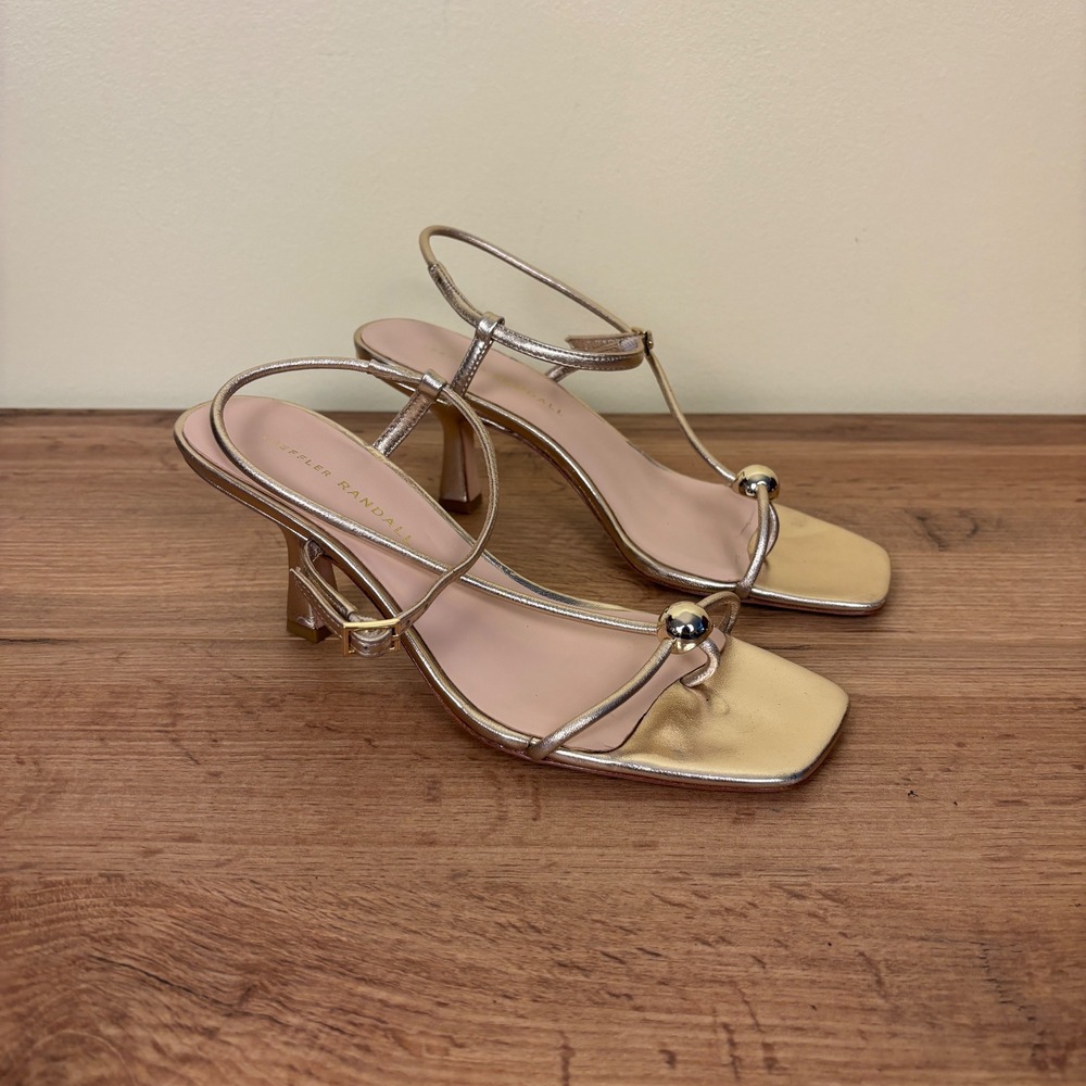 LOEFFLER RANDALL Triana Leather Heel Sandals Champagne Gold Women Size 7 Strappy